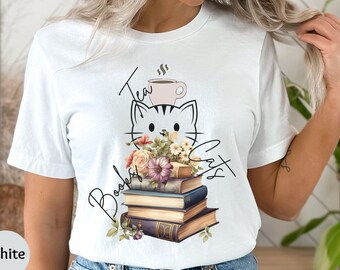 Cat owner gift, gift for cat mom, bookish shirt, cat book shirt, cat mom shirt, cat and books t-shirt, floral book shirt, floral cats tee