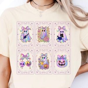 Coquette Halloween-shirt, Ghost Tarot Card-T-shirt, Girly Ghost-shirt, Preppy Herfst T-shirt, Comfortkleuren, Pastel Spookachtig Shirt, Leuk Boo-T-shirt