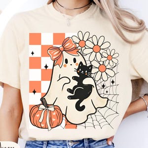 Ghost and cat Comfort Colors shirt, Cute Halloween shirt, vintage retro ghost tee, cat lover shirt, kawaii ghost, spooky cute coquette ghost