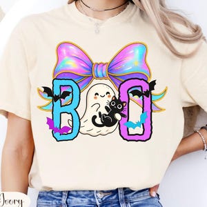 Iriserend spook en kat Comfort Colors-shirt, Coquette Halloween-T-shirt, neon Halloween, kattenliefhebber-T-shirt, schattig spook, Boo Halloween, preppy T-shirt