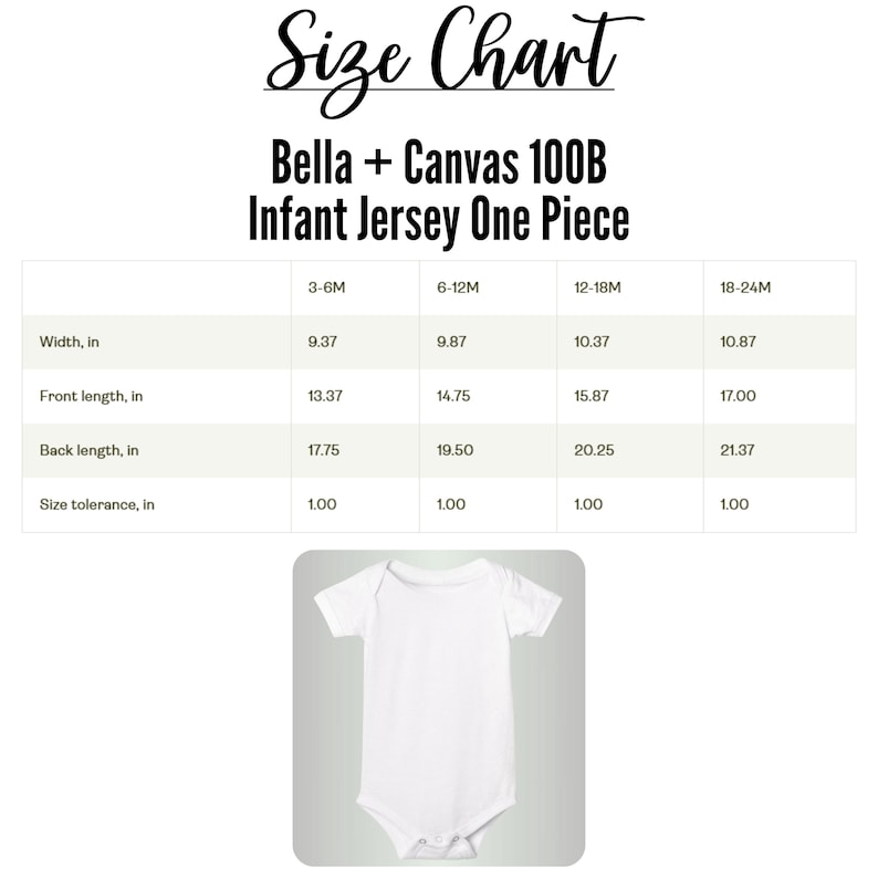 Puede incluir: Body de beb&eacute; blanco con una tabla de tallas. La tabla muestra las medidas en pulgadas para el ancho, el largo delantero y el largo de la espalda para las tallas 3-6M, 6-12M, 12-18M y 18-24M. El texto "Size Chart" est&aacute; en la parte superior.