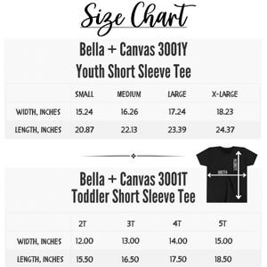 Puede incluir: Tabla de tallas para camisetas de manga corta Bella + Canvas para j&oacute;venes y ni&ntilde;os peque&ntilde;os. Se proporcionan medidas en pulgadas para el ancho y el largo en varias tallas, incluyendo Small, Medium, Large y X-Large para j&oacute;venes, y 2T a 5T para ni&ntilde;os peque&ntilde;os.