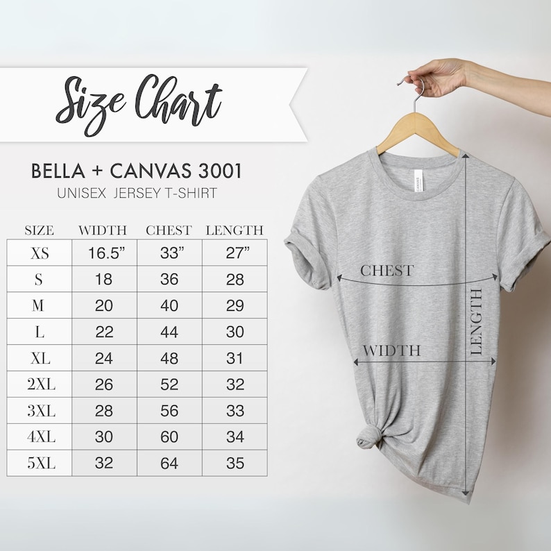 Op de afbeelding: Maattabel voor Bella + Canvas 3001 unisex jersey t-shirts. De tabel toont maten XS tot 5XL met de bijbehorende breedte, borst en lengte maten in inches.