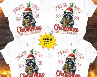 Feral Family Christmas Shirts, Personalized Matching Family Raccoon Christmas Tees, Funny Custom Holiday Shirts with Last Name and Year