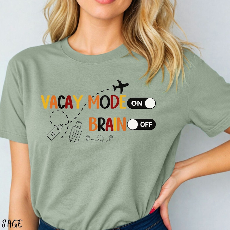 Funny travel shirt with toggle on switch next to "vacay mode" and toggle off switch next to "brain". Adorned with graphics of an airplane, luggage, and luggage tag. Bella and Canvas 3001 crew neck t-shirt.