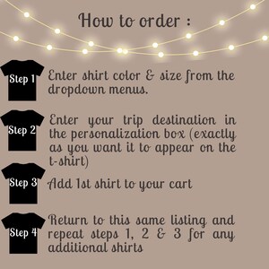 May include: A four-step guide on how to order personalized t-shirts. The steps are numbered 1 through 4 and include instructions for choosing a shirt color and size, entering a trip destination, adding the shirt to the cart, and repeating the process for additional shirts.