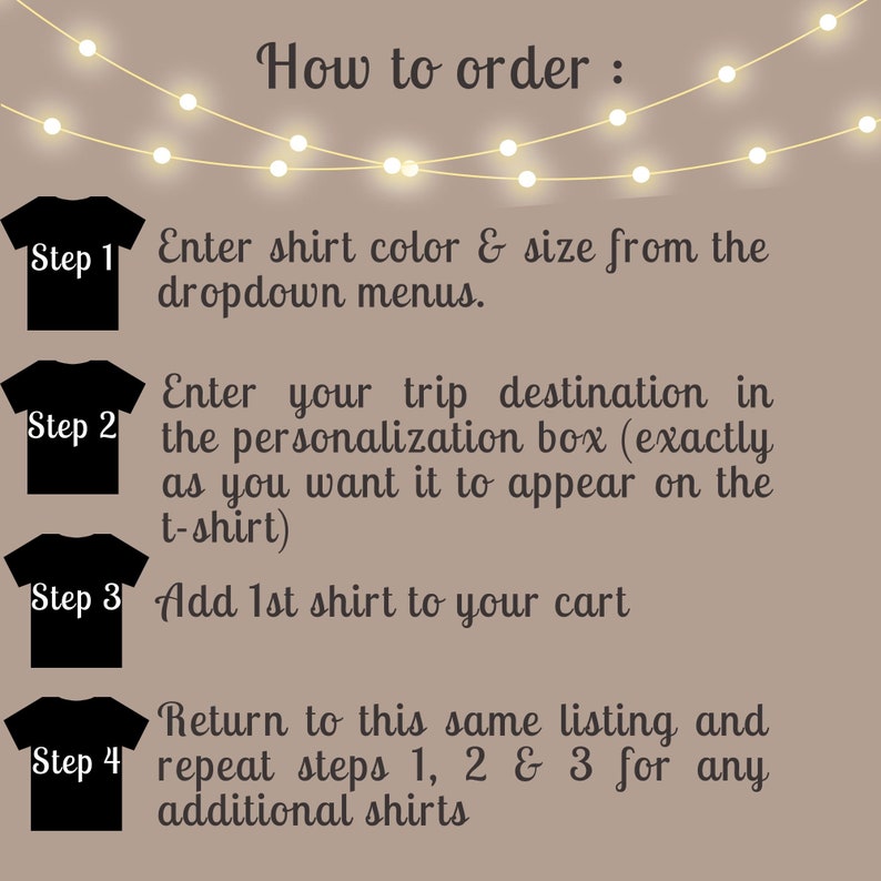 May include: A four-step guide on how to order personalized t-shirts. The steps are numbered 1 through 4 and include instructions for choosing a shirt color and size, entering a trip destination, adding the shirt to the cart, and repeating the process for additional shirts.