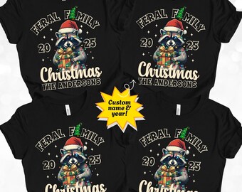Feral Family Christmas Shirts, Personalized Matching Family Raccoon Christmas Tees, Funny Custom Holiday Shirts with Last Name and Year
