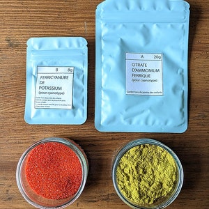 Sali di ferro per cianotipi (ferricianuro di potassio e citrato ferrico di ammonio). Quantità sufficiente per circa 150 cianotipi.