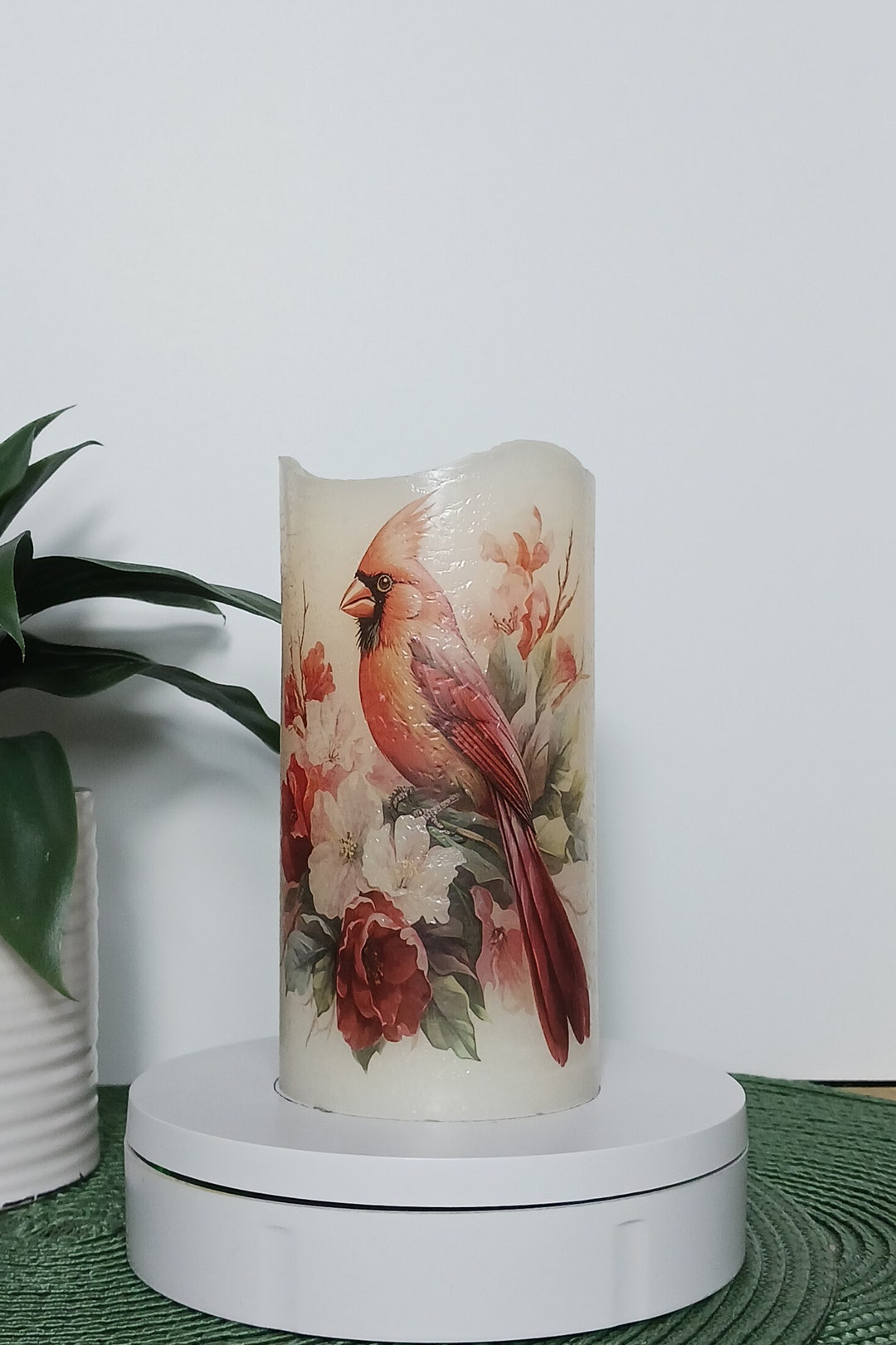 Cardinal With Flowers Flameless Candles Free Gift Box Batteries