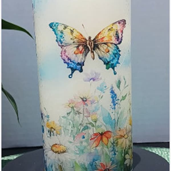 Butterflies And Wildflowers - Flameless Candles - Free Gift Box - Batteries Included - Candles flicker and dance.  23928