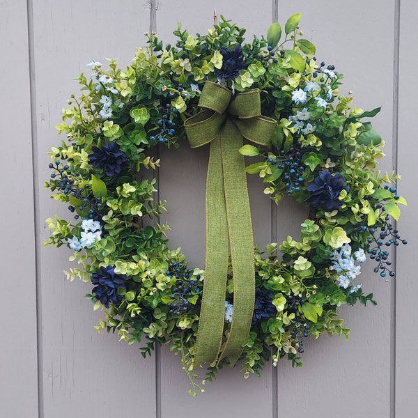 Blueberry Boxwood Wreath with Multiple Shades of Green, Modern Cottage Charm, Both Your Front Door and Your Guests Will Love It!!