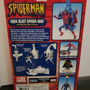 May include: A red and blue Spider-Man action figure with a water-powered backpack. The figure is posed in a dynamic action pose. The packaging includes the text "Aqua Blast Spider-Man" and "Flip 'N Stick Spider-Man".