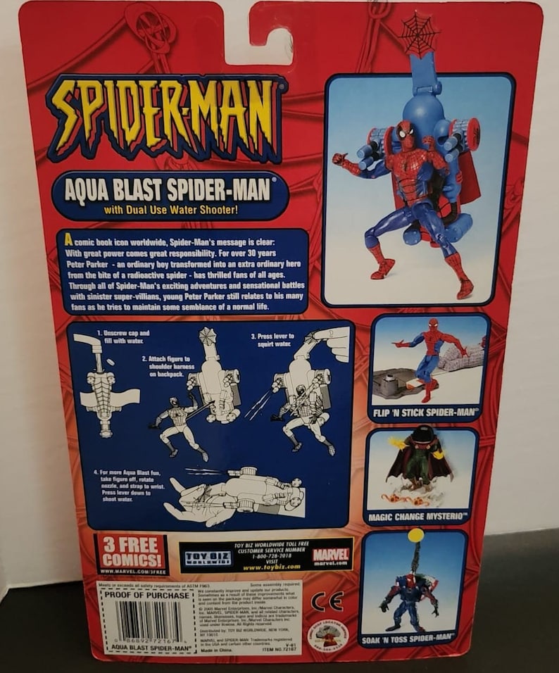 May include: A red and blue Spider-Man action figure with a water-powered backpack. The figure is posed in a dynamic action pose. The packaging includes the text "Aqua Blast Spider-Man" and "Flip 'N Stick Spider-Man".