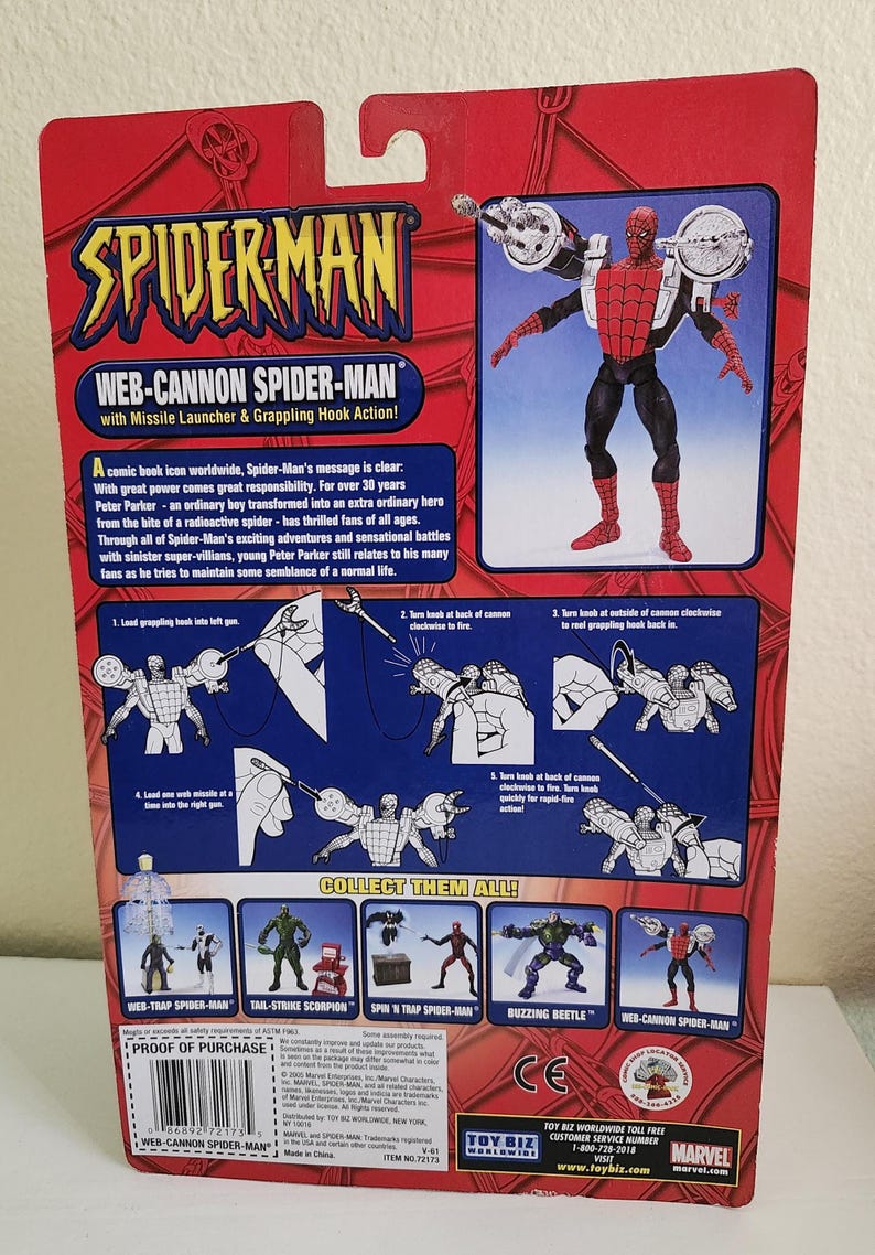 May include: A red and blue Spider-Man action figure with a web cannon on his arm. The figure is holding a grappling hook and a missile launcher. The packaging includes instructions on how to use the figure's features. Collect them all!  Web-Cannon Spider-Man, Web-Trap Spider-Man, Tail-Strike Scorpion, Spin 'N Trap Spider-Man, Buzzing Beetle.