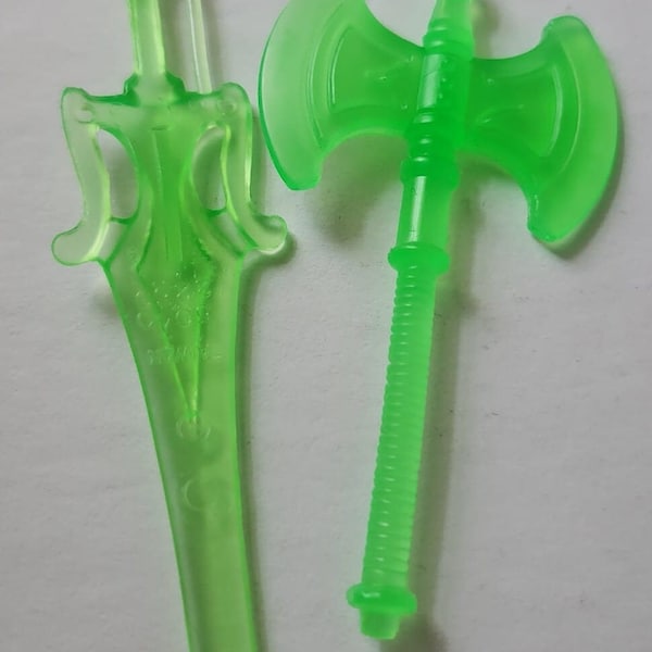 Custom Made Masters of the Universe Clear Green He-Man Sword and Axe New Condition MOTU