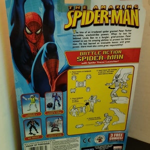 May include: A red and blue Spider-Man action figure with a web-slinging action feature. The figure is packaged with a Spider Tracer Launcher and comes with three free comics. The packaging features a cartoon image of Spider-Man swinging from a web.