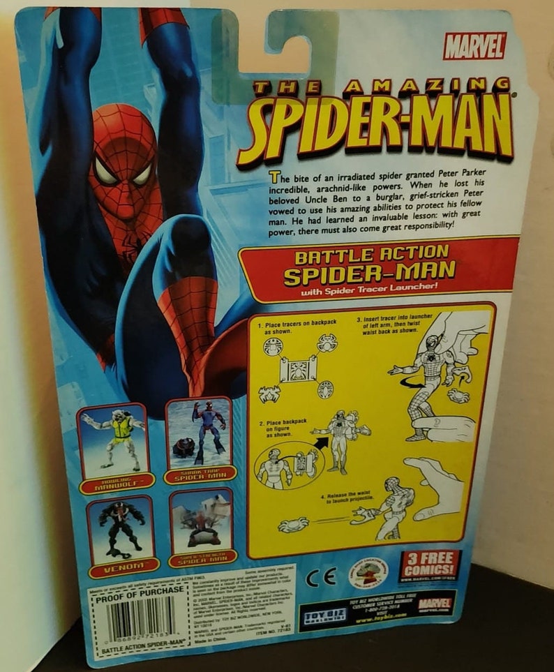 May include: A red and blue Spider-Man action figure with a web-slinging action feature. The figure is packaged with a Spider Tracer Launcher and comes with three free comics. The packaging features a cartoon image of Spider-Man swinging from a web.
