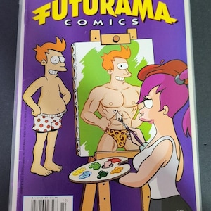 Op de afbeelding: Futurama Comics #10 stripboek met een paarse achtergrond. De cover toont stripfiguren, waaronder Fry, Leela en een gespierde Fry die wordt geschilderd. De strip heeft de tekst "FUTURAMA COMICS" en "HOW'S MY DRAWING?" op de cover.
