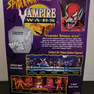 May include: A Spider-Man action figure from the Vampire Wars series. The figure is in a red and black suit with a vampire-like face. The packaging features a purple background with the text "Vampire Wars" in yellow and red. The back of the packaging shows other figures in the series, including Blade, Morbius, and the X-Men.