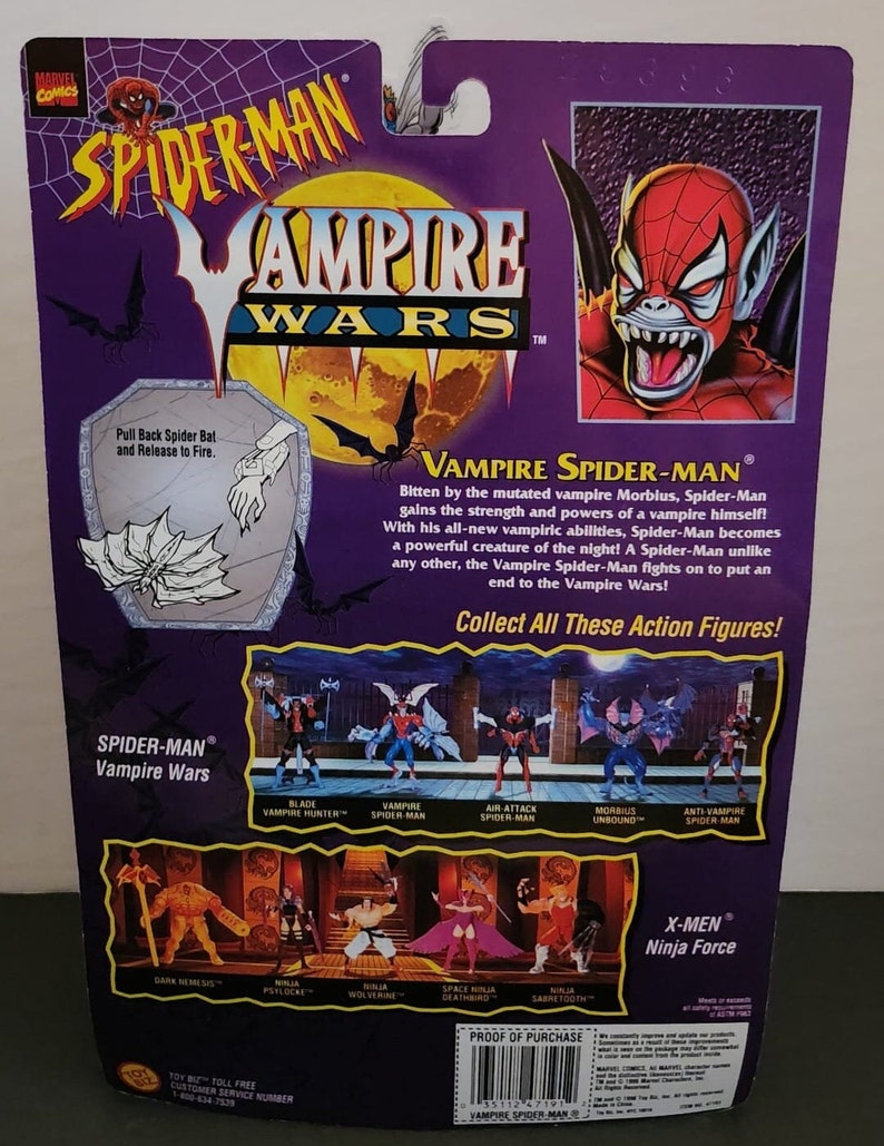 May include: A Spider-Man action figure from the Vampire Wars series. The figure is in a red and black suit with a vampire-like face. The packaging features a purple background with the text "Vampire Wars" in yellow and red. The back of the packaging shows other figures in the series, including Blade, Morbius, and the X-Men.