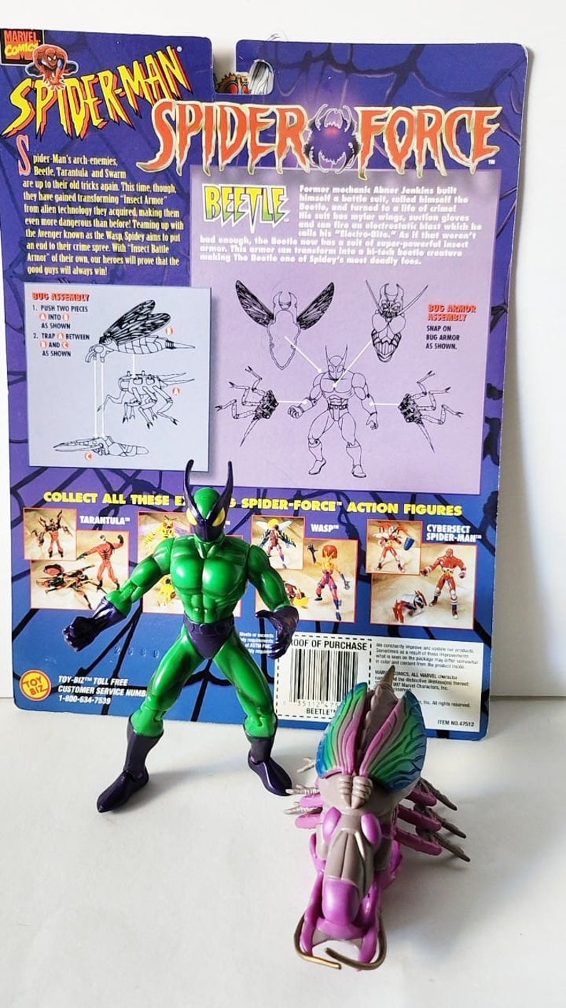 1997 Toy Biz Spider-Man Spider Force Beetle Actionfigur Fint skick med kartongomslag bild 1