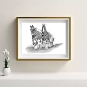 Ploughing horses, Shire horses ploughing a field art, Horse print from my original pencil drawing, Animal art, Home decor, Shire horse