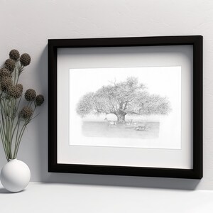 Tree with deer print from my original pencil drawing, Nature art, Pencil drawing of deer, Animal wall decor, Wall art of deer, Deer gift