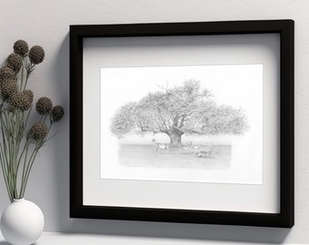 Tree with deer print from my original pencil drawing, Nature art, Pencil drawing of deer, Animal wall decor, Wall art of deer, Deer gift
