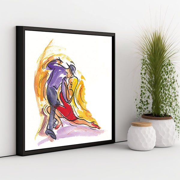 Two dancers print from my original watercolour and ink painting, Tango dancers wall art, Dance wall decor, Dancers in watercolour, Dance art