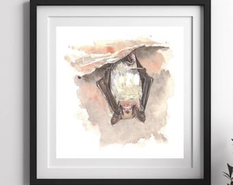 Vleermuis aquarel print, dieren muurkunst
