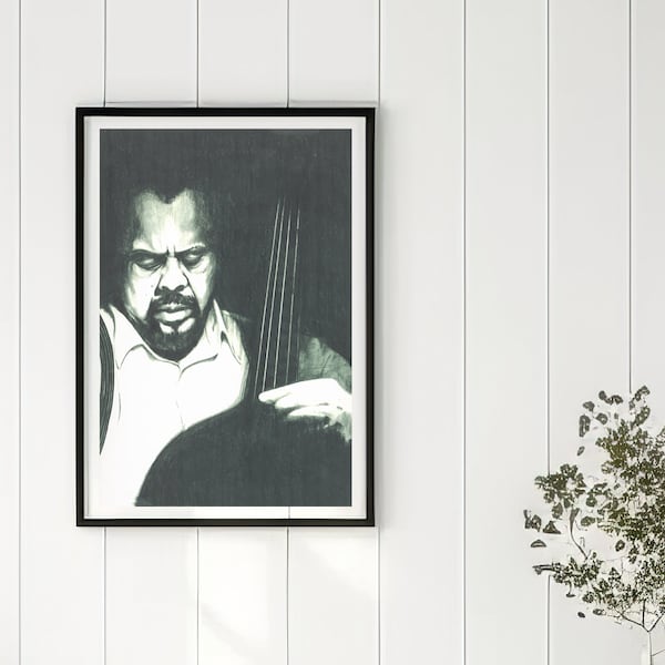 Charles Mingus bass, Jazz Print, Jazz double bass player print from original charcoal drawing, Music wall decor, Gift for jazz musicians,