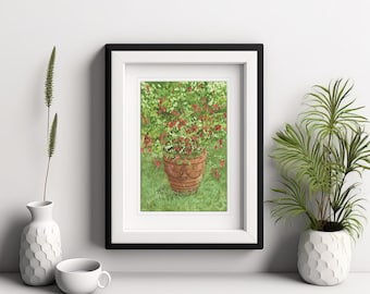 Fuchsia in a Pot print from my original watercolour painting, Red flower art print, Fuchsia painting, Flower wall decor, Flower Fine art