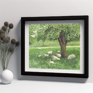 Sheep in the shade print from my original watercolour painting, Sheep wall decor, Animal wall art, Fine art, Sheep painting, Sheep art