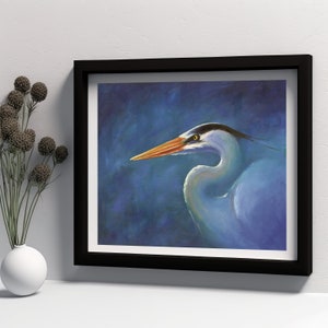 Heron &#39;Out of the Blue&#39; print, Dark blue interior design artwork, Home decor wall art, Heron print from my original oil painting, Bird art