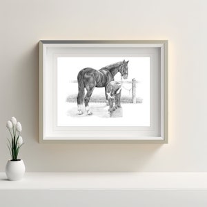 Farrier at work pencil drawing print, Horse and farrier art, Wall decor, Shire horse print from my original pencil drawing, Horse gift
