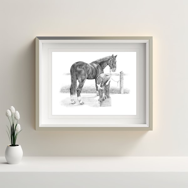 Farrier at work pencil drawing print, Horse and farrier art, Wall decor, Home decor, Horse print from original pencil drawing