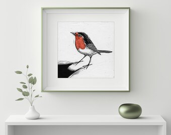 Robin red breast print from my original scraperboard art, Robin red breast wall art, Bird wall decor, Robin art, Winter robin art