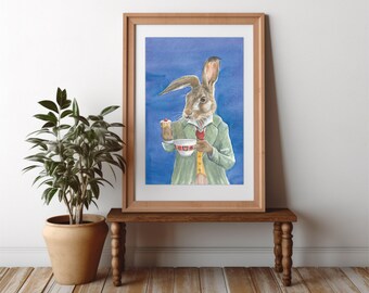 Hare Tea Party Watercolour Print, Humorous Animal Art