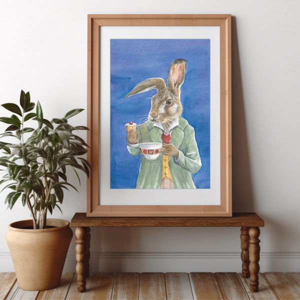 Hare Tea-Party print from my original watercolour painting, Animal art print, Humorous animal art, Hare with tea and cake, Wall decor