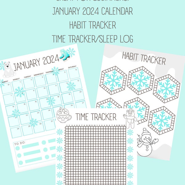 January 2024 Bullet Journal Templates Cute Minimalist Winter Snowflake Theme Calendar, Habit Tracker, Time Tracker, Coloring Printables