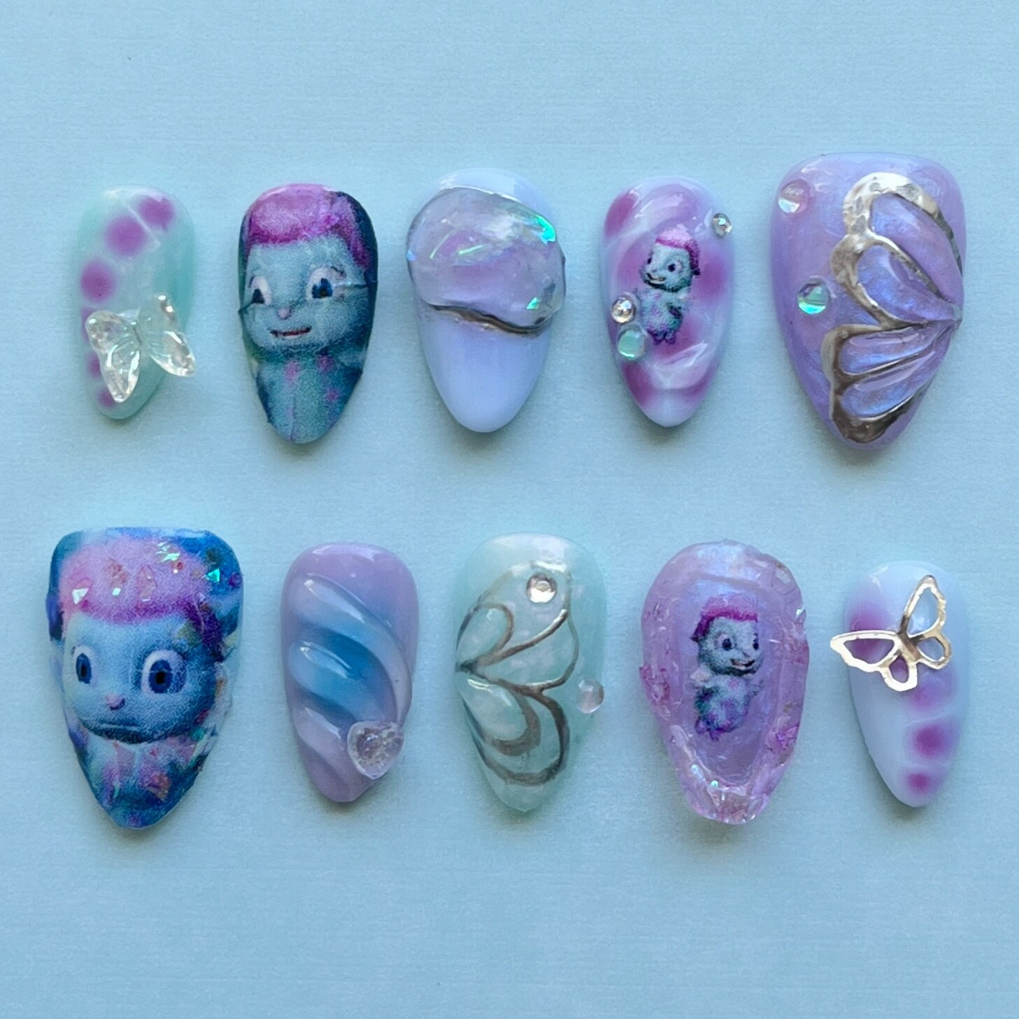 Barbie Fairytopia Bibble Nails Fan Art Fake Gel at Home Manicure With Chrome 3D and Butterflies