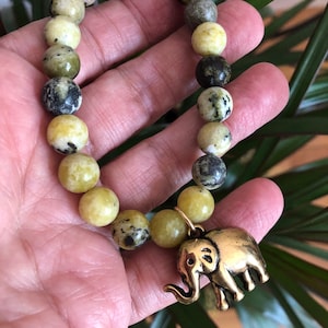 Serpentine stretch bracelet with elephant charm, yellow serpentine lucky charm bracelet, great gift idea!
