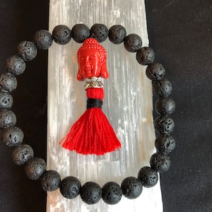 Pocket mala with red Buddha guru bead and tassel, black lava meditation beads on stretch cord, 27 bead mala, spiritual gift