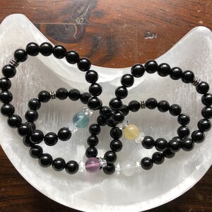 Black obsidian bracelet with fluorite and clear quartz center stones,  high grade gemstone jewelry, great gift for her!