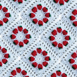 Mini Strawberries Granny Square: Strawberry Crochet Pattern, Valentines Crochet PDF Pattern, Afghan Block, Red And Green Thrown, strawberry girl
retro granny square
berry color palette
strawberry love
Fruit granny square