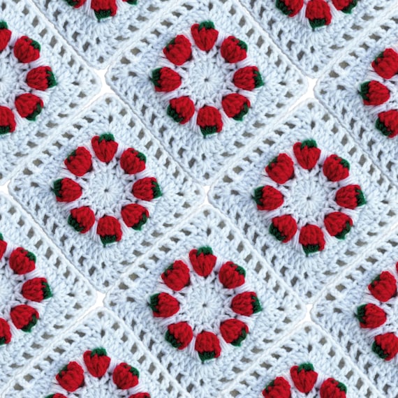 Mini Strawberries Granny Square: Strawberry Crochet Pattern, Valentines Crochet PDF Pattern, Afghan Block, Red And Green Thrown.