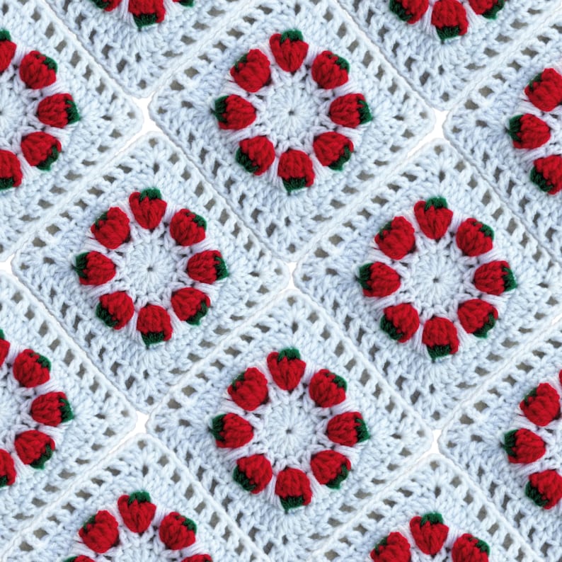 Mini Strawberries Granny Square: Strawberry Crochet Pattern, Valentines Crochet PDF Pattern, Afghan Block, Red And Green Thrown, strawberry girl
retro granny square
berry color palette
strawberry love
Fruit granny square