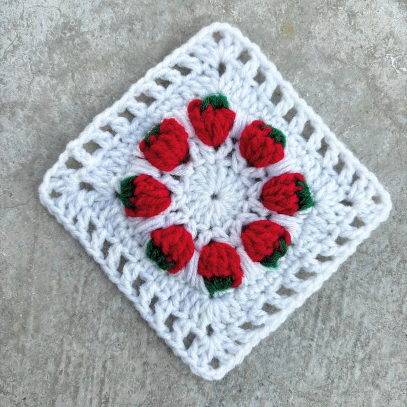 Mini Strawberries Granny Square: Strawberry Crochet Pattern, Valentines Crochet PDF Pattern, Afghan Block, Red And Green Thrown, strawberry girl
retro granny square
berry color palette
strawberry love
Fruit granny square