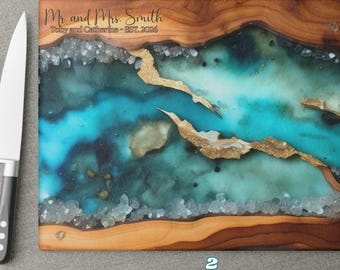 Personalized Geode Glass Charcuterie Board, Custom Couple Name Cutting Board